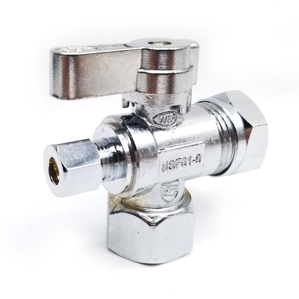 Thrifco Plumbing 1/2 Inch FIP x 1/2 Inch Slip Joint x 1/4 Inch Comp Quarter Turn Brass Angle Stop Valve 4406483 - main